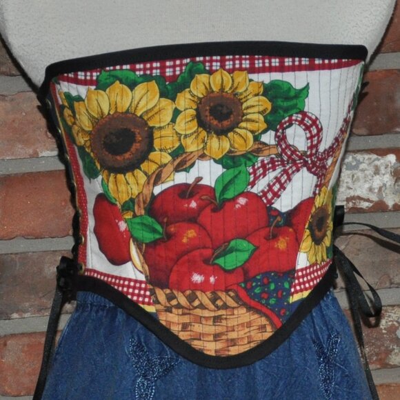 NEW Reversible Lace-up, Bustier Corset, Sunflowers Apples & Denim Upcycled   M - Picture 7 of 9